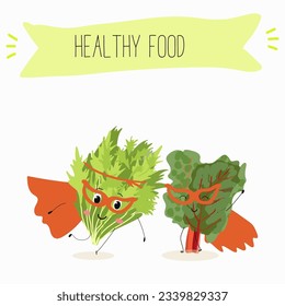Illustration with funny cartoon characters chard
mitsuna, salad, vegetable. Funny and healthy food. Vitamins, cute face food, ingredients, vegetarian, vector cartoon.