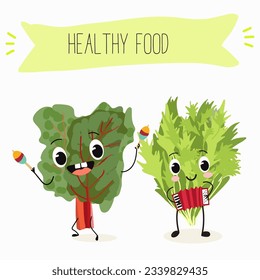 Illustration with funny cartoon characters chard
mitsuna, salad, vegetable. Funny and healthy food. Vitamins, cute face food, ingredients, vegetarian, vector cartoon.