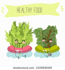 Illustration with funny cartoon characters chard
mitsuna, salad, vegetable. Funny and healthy food. Vitamins, cute face food, ingredients, vegetarian, vector cartoon.