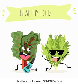 Illustration with funny cartoon characters chard
mitsuna, salad, vegetable. Funny and healthy food. Vitamins, cute face food, ingredients, vegetarian, vector cartoon.