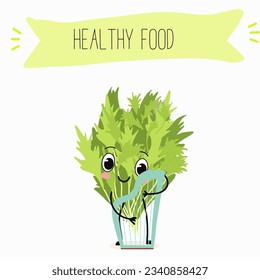 Illustration with funny cartoon characters chard
mitsuna, salad, vegetable. Funny and healthy food. Vitamins, cute face food, ingredients, vegetarian, vector cartoon.