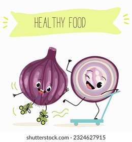Illustration with funny cartoon characters purple onion, cut onion, bulb, half onion, Madeiran onion   Funny and healthy food. Vitamins, cute face food, ingredients, vegetarian, vector cartoon.