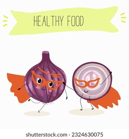 Illustration with funny cartoon characters purple onion, cut onion, bulb, half onion, Madeiran onion   Funny and healthy food. Vitamins, cute face food, ingredients, vegetarian, vector cartoon.