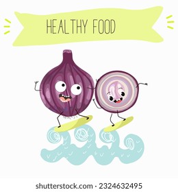 Illustration with funny cartoon characters purple onion, cut onion, bulb, half onion, Madeiran onion   Funny and healthy food. Vitamins, cute face food, ingredients, vegetarian, vector cartoon.