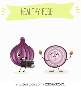 Illustration with funny cartoon characters purple onion, cut onion, bulb, half onion, Madeiran onion   Funny and healthy food. Vitamins, cute face food, ingredients, vegetarian, vector cartoon.