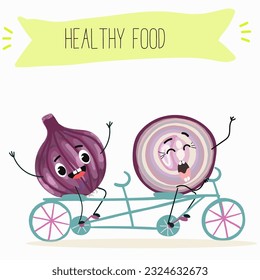Illustration with funny cartoon characters purple onion, cut onion, bulb, half onion, Madeiran onion   Funny and healthy food. Vitamins, cute face food, ingredients, vegetarian, vector cartoon.
