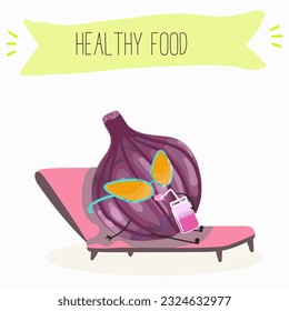 Illustration with funny cartoon characters purple onion, cut onion, bulb, half onion, Madeiran onion   Funny and healthy food. Vitamins, cute face food, ingredients, vegetarian, vector cartoon.