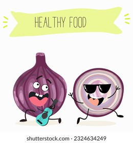 Illustration with funny cartoon characters purple onion, cut onion, bulb, half onion, Madeiran onion   Funny and healthy food. Vitamins, cute face food, ingredients, vegetarian, vector cartoon.