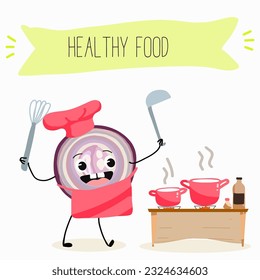 Illustration with funny cartoon characters purple onion, cut onion, bulb, half onion, Madeiran onion   Funny and healthy food. Vitamins, cute face food, ingredients, vegetarian, vector cartoon.