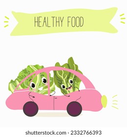 Illustration with funny cartoon characters romano, lettuce,iceberg, salad, vegetable. Funny and healthy food. Vitamins, cute face food, ingredients, vegetarian, vector cartoon.