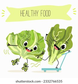 Illustration with funny cartoon characters romano, lettuce,iceberg, salad, vegetable. Funny and healthy food. Vitamins, cute face food, ingredients, vegetarian, vector cartoon.