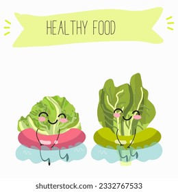 Illustration with funny cartoon characters romano, lettuce,iceberg, salad, vegetable. Funny and healthy food. Vitamins, cute face food, ingredients, vegetarian, vector cartoon.