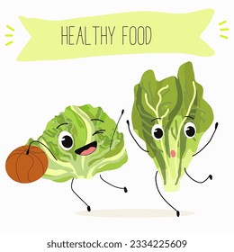 Illustration with funny cartoon characters romano, lettuce,iceberg, salad, vegetable. Funny and healthy food. Vitamins, cute face food, ingredients, vegetarian, vector cartoon.
