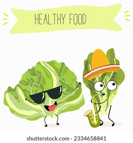 Illustration with funny cartoon characters romano, lettuce,iceberg, salad, vegetable. Funny and healthy food. Vitamins, cute face food, ingredients, vegetarian, vector cartoon.