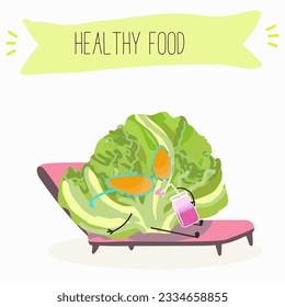 Illustration with funny cartoon characters romano, lettuce,iceberg, salad, vegetable. Funny and healthy food. Vitamins, cute face food, ingredients, vegetarian, vector cartoon.