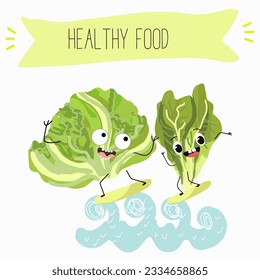Illustration with funny cartoon characters romano, lettuce,iceberg, salad, vegetable. Funny and healthy food. Vitamins, cute face food, ingredients, vegetarian, vector cartoon.