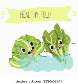 Illustration with funny cartoon characters romano, lettuce,iceberg, salad, vegetable. Funny and healthy food. Vitamins, cute face food, ingredients, vegetarian, vector cartoon.