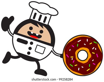 illustration of funny cartoon chef character bring donuts