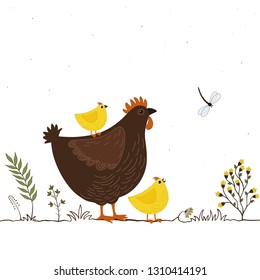 Illustration of funny cartoon chickens and butterfly on white background