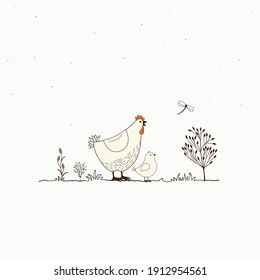 Illustration of  funny cartoon chickens and butterfly on white background