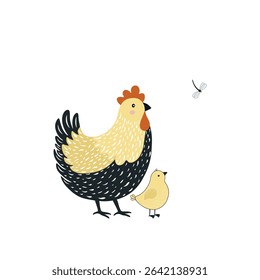 Illustration of funny cartoon chickens and butterfly on white background