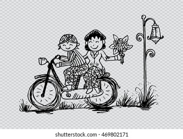  Illustration of funny cartoon couple java . Bride and groom riding bicycle.