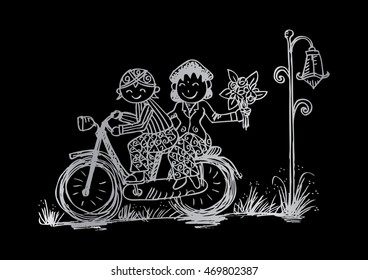  Illustration of funny cartoon couple java . Bride and groom riding bicycle.