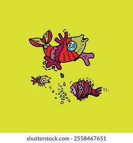 Illustration of funny cartoon fish characters