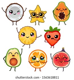 Illustration of funny cartoon fruits icons set on white background