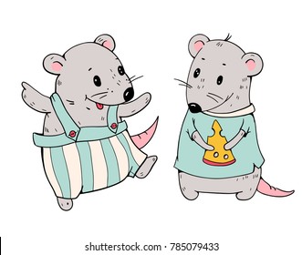Illustration of funny cartoon mice with cheese. Hand-drawn illustration. Vector.