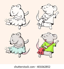 Illustration of funny cartoon mice. Hand-drawn drawing.  Vector.