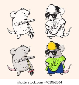 Illustration of funny cartoon mice. Hand-drawn drawing. 
 Vector.