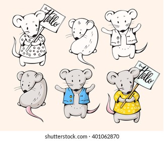 Illustration of funny cartoon mice.  Hand-drawn drawing.  Vector.