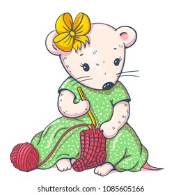 Illustration of funny cartoon mousy with knitting. Hand-drawn illustration. Vector.