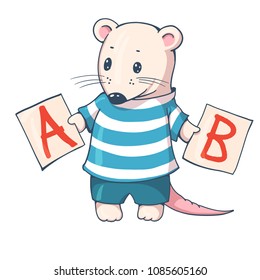 Illustration of funny cartoon mousy with letters.  Hand-drawn illustration. Vector.