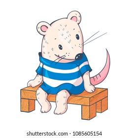 Illustration of funny cartoon mousy on the bench. Hand-drawn illustration. Vector.