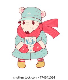 Illustration of funny cartoon mousy in winter clothes. Hand-drawn illustration. Vector.