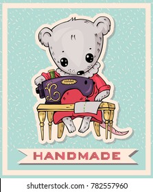 Illustration of funny cartoon mousywith a sewing machine. Hand-drawn illustration. Vector.