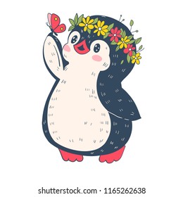 Illustration with funny cartoon penguin with a butterfly.  Vector.