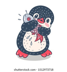 Illustration with funny cartoon penguin with fish.  Vector.