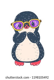 Illustration with funny cartoon penguin in glasses. Vector.