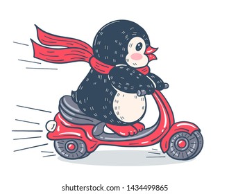 Illustration with funny cartoon penguin on a scooter. Vector.