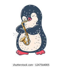 Illustration with funny cartoon penguin with saxophone. Vector.