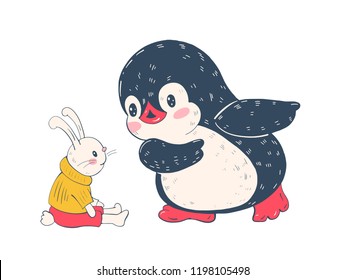 Illustration with funny cartoon penguin with a toy Bunny. Vector.