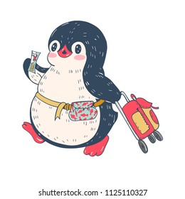 Illustration with funny cartoon penguin traveler with suitcase and ticket.  Vector.