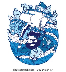 illustration of funny cartoon pirate mascot character and pirate ship in the stormy sea with kraken monster tentacles in the background