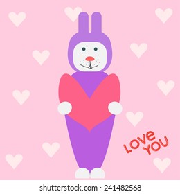 illustration with funny cartoon rabbit and hearts for greeting card on Valentines day or wedding
