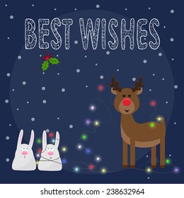 illustration with funny cartoon rabbits and deer, hand-drawing best wishes and shining lights on the garland for winter holidays greeting card 