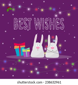 illustration with funny cartoon rabbits, hand-drawing best wishes and shining lights on the garland for winter holidays greeting card 