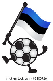 illustration of funny cartoon soccer ball character bring a flag